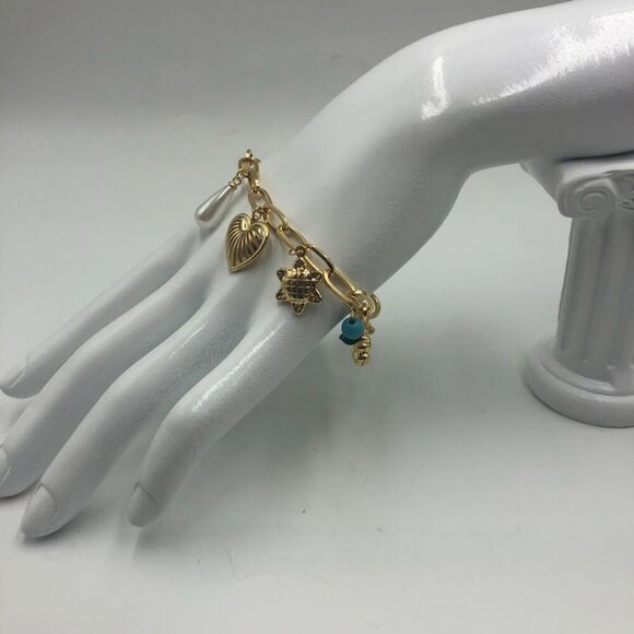 18K Gold Plated Women's Charm Bracelet Heart Sun Flower Beads Hypoallergenic - Picture 4 of 10